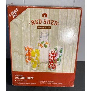 Red Shed 5-Piece Glass Juice Set Pitcher Carafe w/ Lid & Glasses MIB New Unused